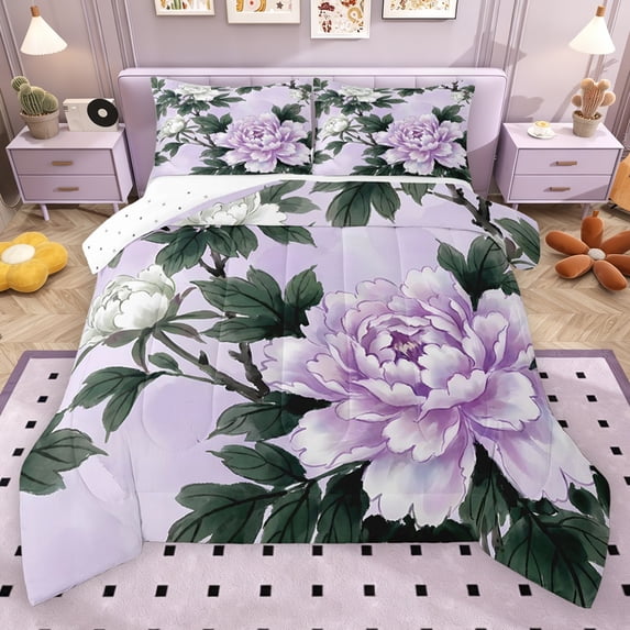 Erosebridal Purple Floral Queen Comforter Set for Girls Women, Botanical Theme Bedding Comforter Set, Reversible, 3pcs
