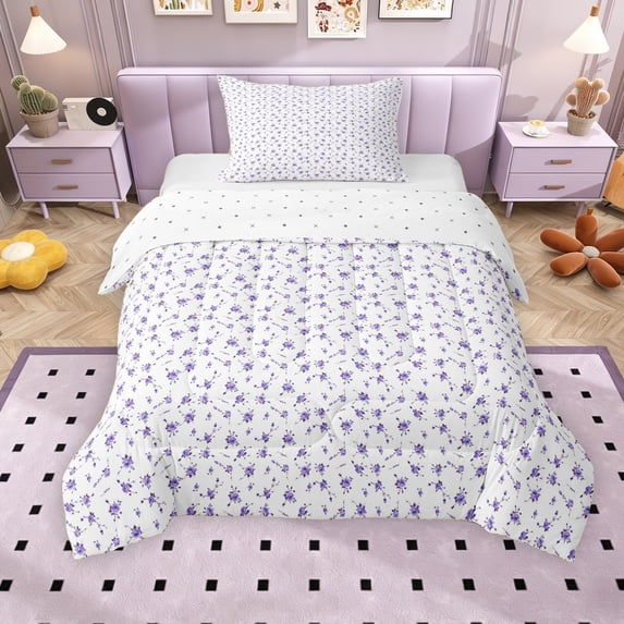 Erosebridal Purple Floral Twin Comforter Sets for Girls, Chic Flower Bedding Set, Reversible, 2pcs