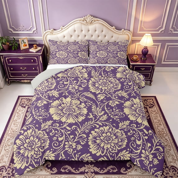 Erosebridal Purple Floral Vine Full Size Comforter Sets,Cream Damask Motif Bedding Comforter Set,3 Pieces,1 Comforter and 2 Pillowcases,Light Gray Reversible
