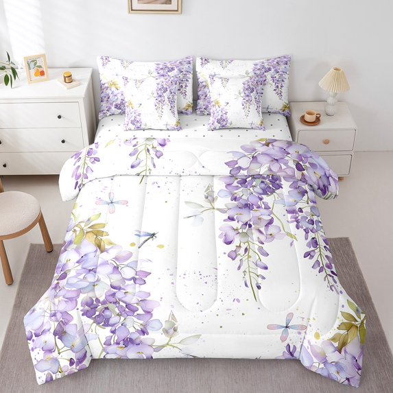 Erosebridal Purple Flower Bedding Full Size, Chic Dragonfly Comforter Sets with Sheets, Ultra Soft, 7pcs