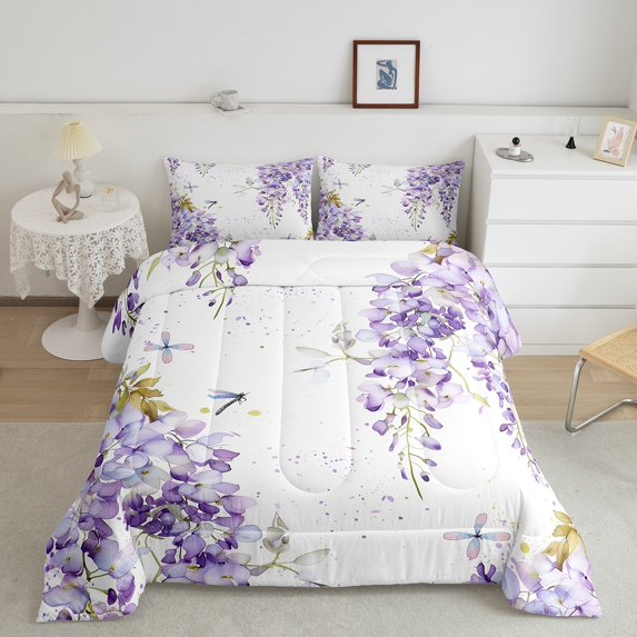 Erosebridal Purple Flower Comforter Sets Queen Size, Chic Dragonfly Down Comforter, Ultra Soft, 3pcs