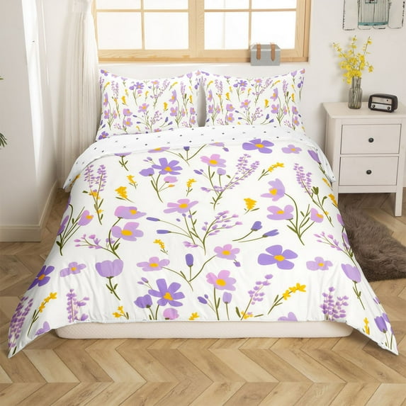 Erosebridal Purple Flower Duvet Cover Full, Botanical Floral Leaves Bedding Sets Full Size, Reversible (No Comforter)