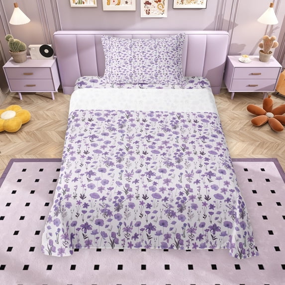 Erosebridal Purple Flower Twin Sheet Sets for Girls, Chic Floral Bedding, 3 Pieces, 1 Flat Sheet 1 Fitted Sheet and 1 Pillowcase