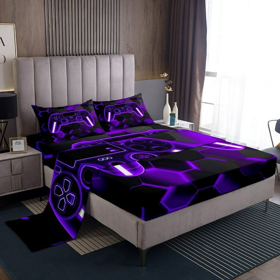 Erosebridal Purple Gamepad Twin Sheet Sets, Game Player Bed Sheets Twin, Modern Gaming Bedding Twin Size, Breathable Bedroom Decoration, 3pcs