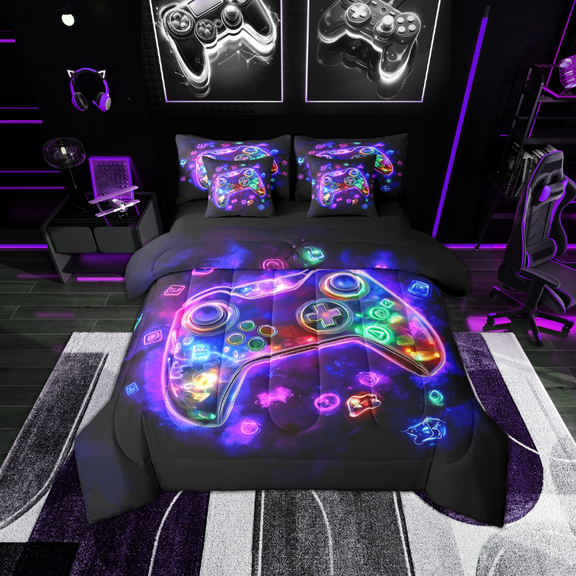 Erosebridal Purple Gamepads Bedding Sets Twin Size,Video Game Comforter Sets with Sheets,Gradient Neon Bed in a Bag Twin size,Microfiber Gaming Room Decor,Reversible,7-Piece