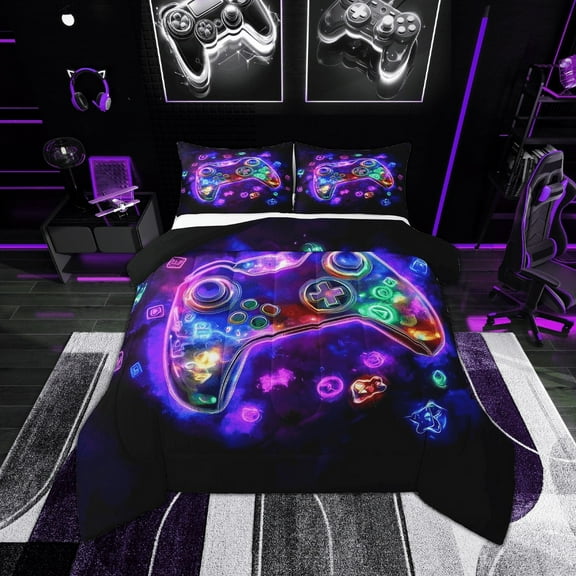 Erosebridal Purple Gamepads Bedding Twin Comforter Set,Video Game Down Comforter,Gradient Neon Bedding Sets Twin with Comforter,Microfiber Gaming Room Decor,Reversible,2-Piece