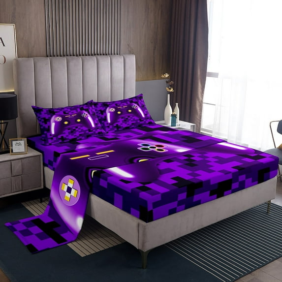 Erosebridal Purple Gamer Bed Sheets King,Gamepad Gaming Bedding King Size,Video Game Decor,Ultra Soft,4pcs