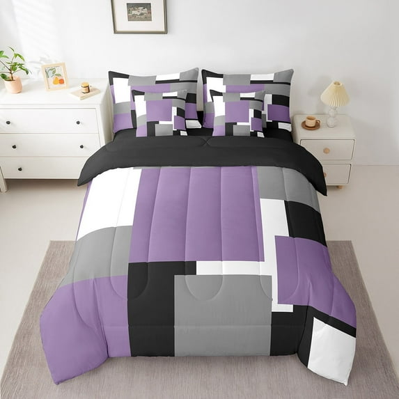 Erosebridal Purple Geometric Bedding Sets Twin Size, Rectangle Comforter Sets with Sheets, Abstract Room Decor, Reversible 7pcs
