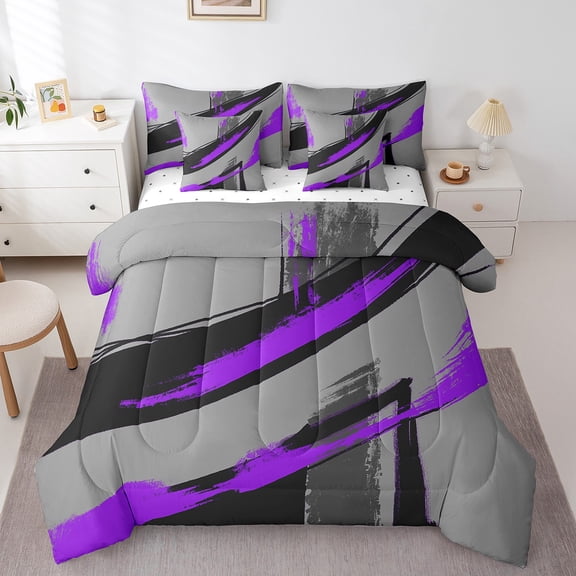 Erosebridal Purple Geometric Stripes Bed in a Bag Full Size,Oil Painting Style Bed Set,Modern Desgin Bedding Full Size,Breathable Room Decor Reversible,7 Pieces