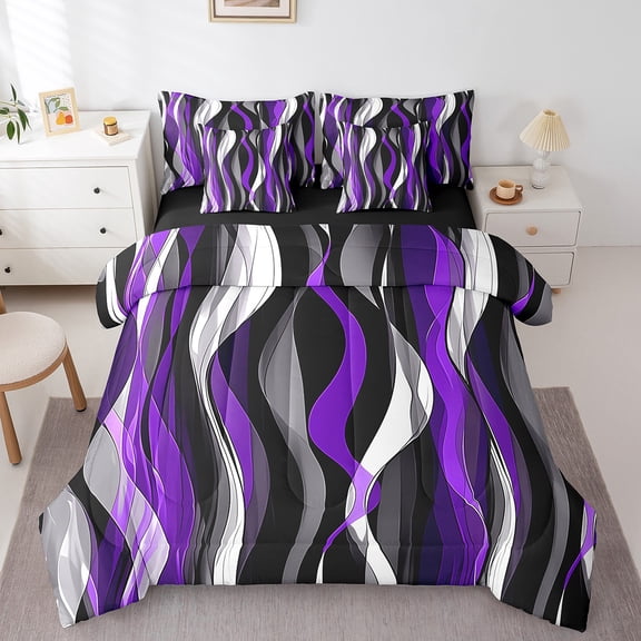 Erosebridal Purple Geometry Lines Bedding Twin Size,Geometric Aesthetic Comforter Sets with Sheets,Purple Black Ombre Bedding Sets Twin Size,Super Cozy Room Decorative Reversible,7pcs