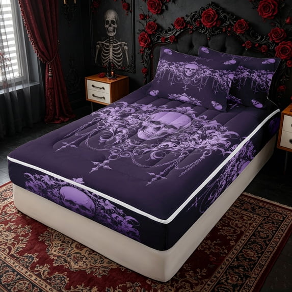 Erosebridal Purple Gothic Skull Zipper Queen Comforter Set with Fitted Sheet and 2 Pillowcases for Women Girls, Damask Boho Floral Zipper Bedding Set, Black Reversible, 4pcs