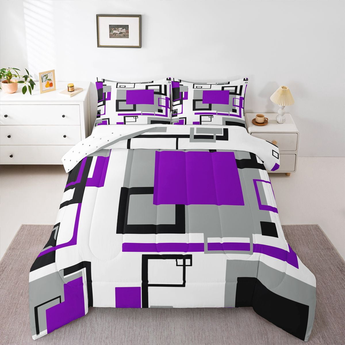 Erosebridal Purple Grey Comforter Set Black White Gray Geometric ...