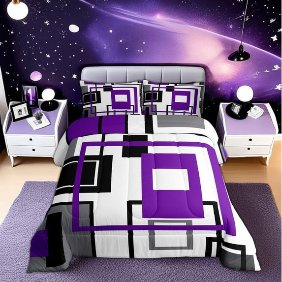 Erosebridal Purple Grey Comforter Set Black White Gray Geometric Bedding Sets Twin Women,Geometry Striped Girds Bed Comforter Modern Abstract Art Quilt Duvet Insert 1 Pillow Case
