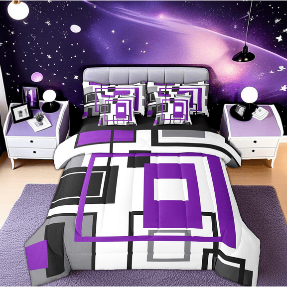 Erosebridal Purple Grey Comforter Set Black White Gray Geometric Gird 7 Piece Bed In A Bag Full Women,Geometry Striped Bedding Comforter Sets Modern Abstract Art Bed Set