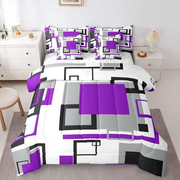 Erosebridal Purple Grey Comforter Set Black White Gray Geometric Gird 7 Piece Bed In A Bag King Women,Geometry Striped Bedding Comforter Sets Modern Abstract Art Bed Set