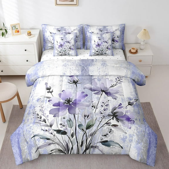 Erosebridal Purple Groovy Bedding Sets Queen Size, Watercolor Flower Comforter Sets with Sheets, Daisy Floral Bedding Queen Size, Breathable Room Decor, 7 Pieces