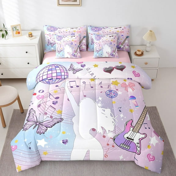 Erosebridal Purple Guitar Bedding Sets Twin Size,Butterfly Disco Ball Comforter Sets with Sheets,Musical Notes Bed in a Bag Twin size,Breathable Bling Room Decor,Reversible,7pcs