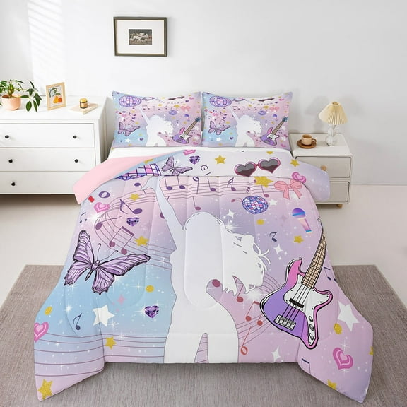 Erosebridal Purple Guitar Bedding Twin Comforter Set,Butterfly Disco Ball Down Comforter,Musical Notes Bedding Sets Twin with Comforter,Breathable Bling Room Decor,Reversible,3pcs