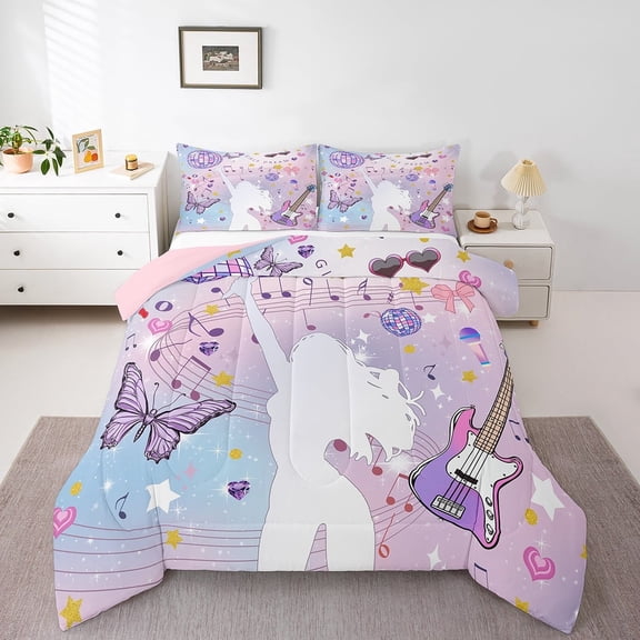 Erosebridal Purple Guitar Bedding Twin Comforter Set,Butterfly Disco Ball Down Comforter,Musical Notes Bedding Sets Twin with Comforter,Breathable Bling Room Decor,Reversible,3pcs