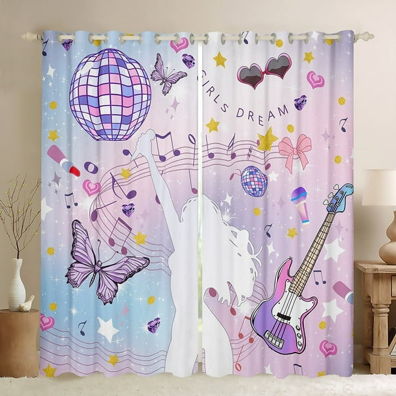 Erosebridal Purple Guitar Curtains for Living Room,Butterfly Disco Ball Blackout Curtains Set of 2 (38x45),Musical Notes Curtains and Drapes (38x45),Bling Room Decor