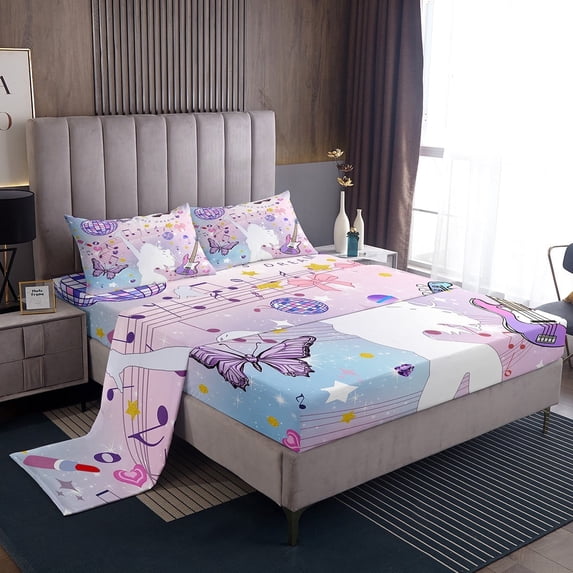 Erosebridal Purple Guitar Sheet Set Twin,Butterfly Disco Ball Bedding Sets Twin Size,Musical Notes Twin Sheet Sets,Breathable Bling Room Decor,3pcs