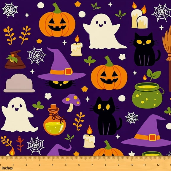 Erosebridal Purple Halloween Fabric by the Yard 1 Yard, Ghost Black Cat Witch Hat Cauldron Pattern Home Decor Fabric by the Yard
