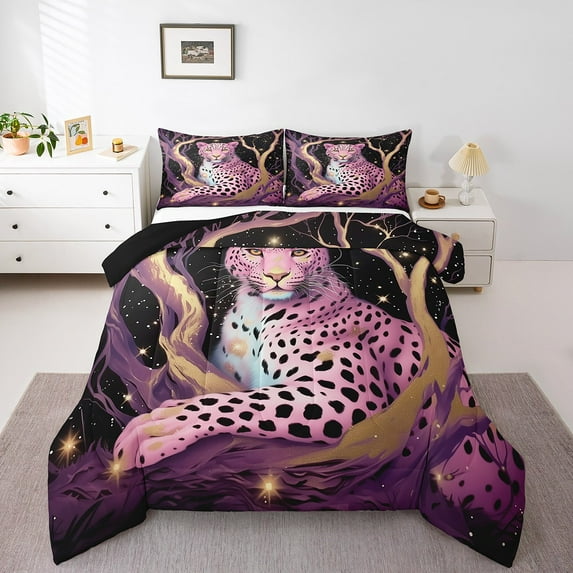 Erosebridal Purple Leopard Bedding Sets with Comforter, Galaxy Duvet Insert, Woodland wildlife Decor, 2pcs