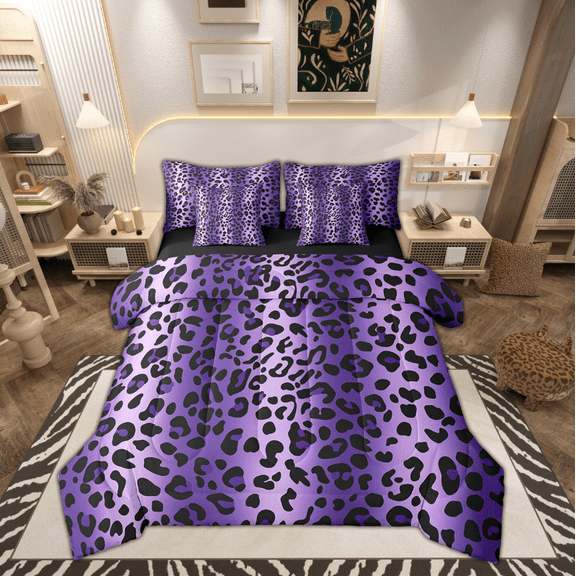 Erosebridal Purple Leopard Print Bedding King Size, Gradient Cheetah Print Bed in a Bag King size, Reversible 7pcs