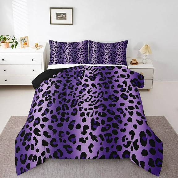 Erosebridal Purple Leopard Print Bedding Comforter Set, Gradient Cheetah Print Duvet Insert, Reversible 2pcs