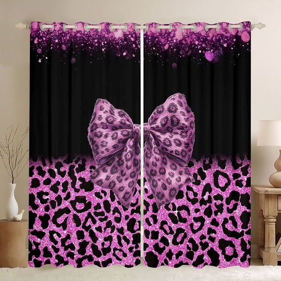 Erosebridal Purple Leopard Print Bow Knot Girl Black Out Curtains,Teens Women Sparkling Sequin Print Curtains Pack of 2 (42x63 Each),Breathable Home Decor