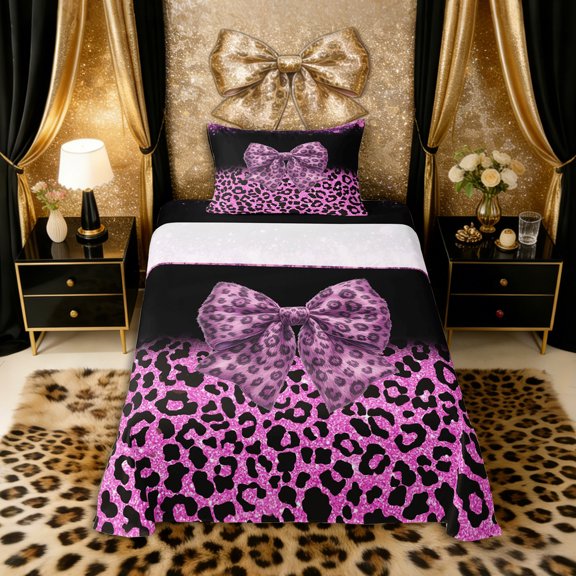Erosebridal Purple Leopard Print Bow Knot Girl Twin Sheet Sets 3pcs,Teens Women Sparkling Sequin Print Bedding,Breathable Home Decor