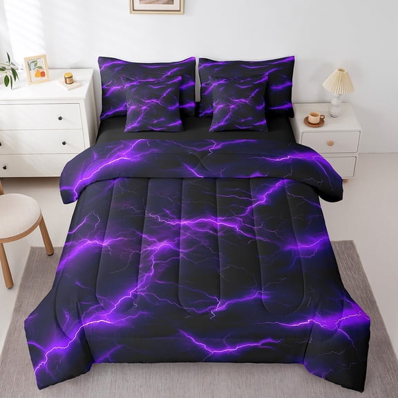 Erosebridal Purple Lightning Bedding Queen Size, Nature Thunder Bedding Sets Queen Size, Modern Neon Glowing Reversible Bed Set, Microfiber Room Decorative, 7pcs