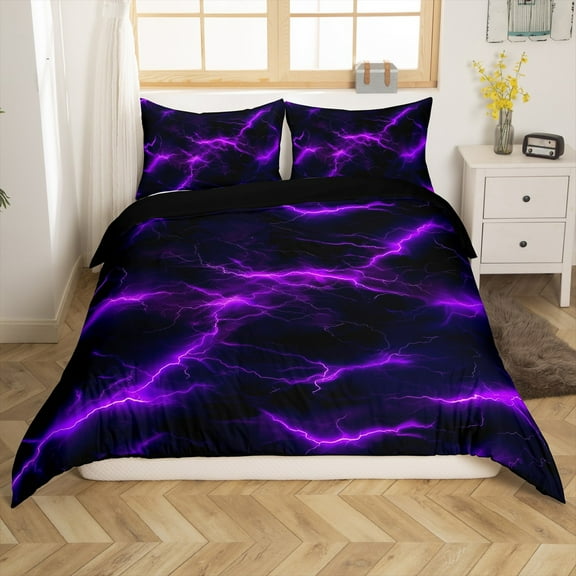 Erosebridal Purple Lightning Duvet Cover Queen, Nature Thunder Bedding Sets Queen Size, Modern Neon Glowing Reversible Bedding Queen Size, Microfiber Room Decorative, 3pcs(No Comforter)