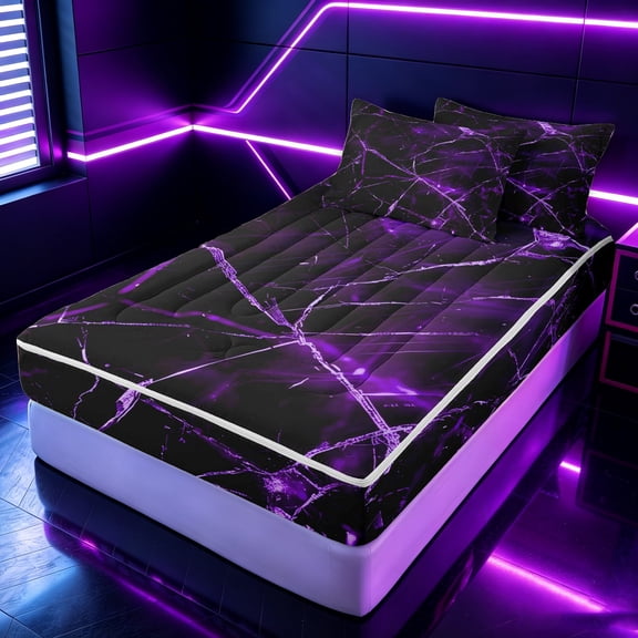Erosebridal Purple Lightning Zipper Queen Comforter Set with Fitted Sheet and 2 Pillowcases for Boys Girls, Neon Line Print Zipper Bedding Set, Black Reversible, 4-Piece