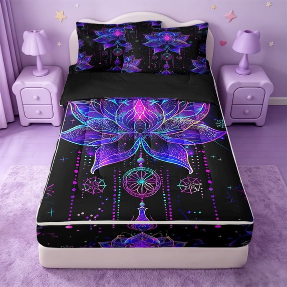 Erosebridal Purple Lotus Art Zipper Twin Comforter Sets with Fitted Sheet and 2 Pillowcases,Neon Flower Stars Zipper Bedding Set For Girls,Black Reversible,4pcs