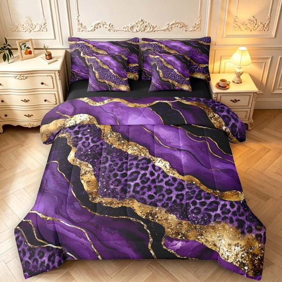 Erosebridal Purple Marble Cheetah Gold 7-Piece King Bedding,Modern ...