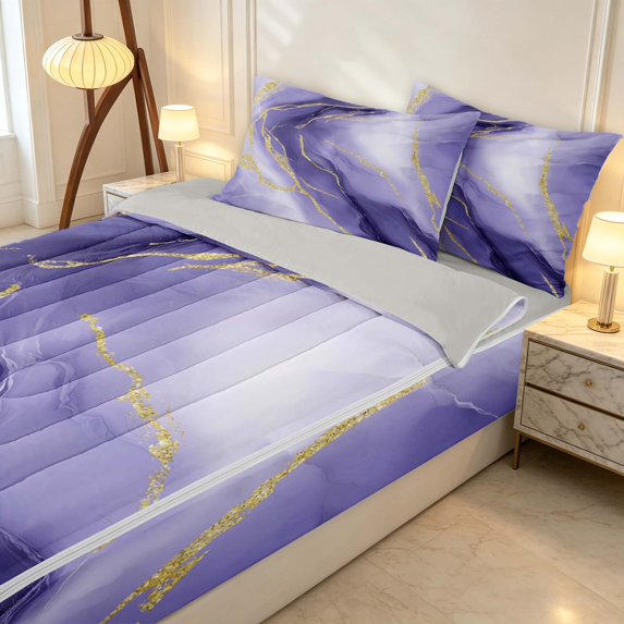 Erosebridal Purple Marble Zipper Queen Comforter Set with Fitted Sheet and 2 Pillowcases, Aesthetic Gradient Zipper Bedding Set, Gray Reversible