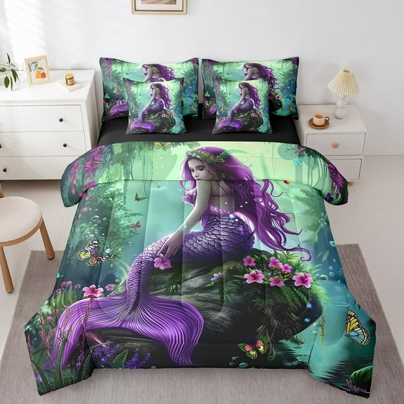 Erosebridal Purple Mermaid Bed in a Bag Twin size, Fairy Tale Bed Set, Pink Flower Decor, Reversible 7-Piece