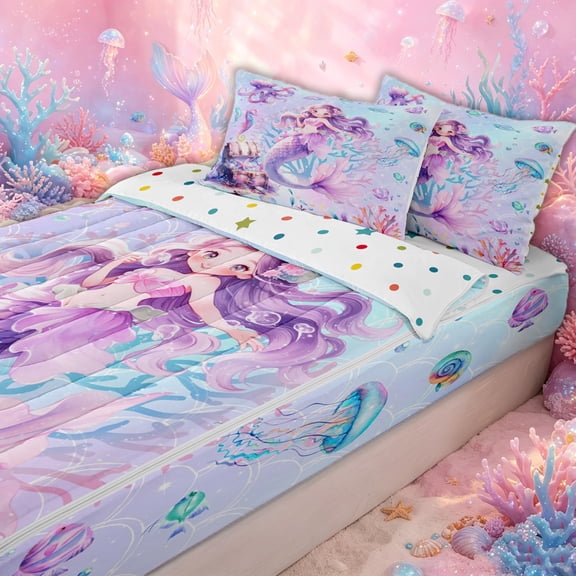 Erosebridal Purple Mermaid Princess Zipper Twin Comforter Sets with Fitted Sheet and 2 Pillowcases for Girls Boys, Fantasy Underwater Treasure Zipper Bedding Set, Polkadot Reversible, 4 Pieces