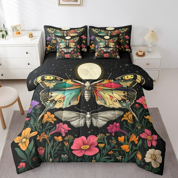 Erosebridal Purple Moth Bedding Sets Twin Size, Mystic Galaxy Comforter Sets with Sheets, Vintage Flower Reversible Bed Set, Microfiber Bedroom Decor, 7-Piece