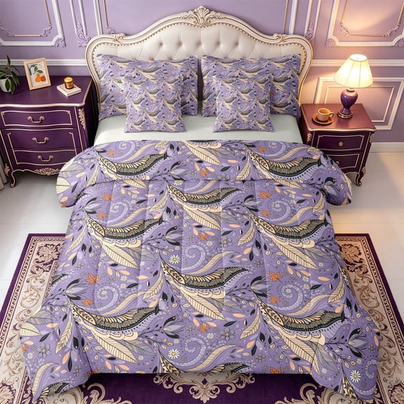Erosebridal Purple Paisley 7-Piece Twin Bedding,Daisy Maple Floral Bedding Comforter Set,Light Gray Reversible