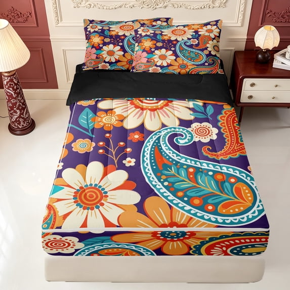 Erosebridal Purple Paisley Floral Zipper Queen Comforter Set with Fitted Sheet and 2 Pillowcases,Colorful Floral Motif Zipper Bedding Set,Black Reversible,4pcs