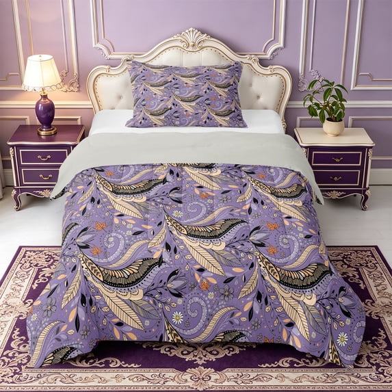 Erosebridal Purple Paisley Twin Comforter Sets,Daisy Maple Floral Bedding Set,2 Pieces,1 Comforter and 1 Pillowcase,Light Gray Reversible