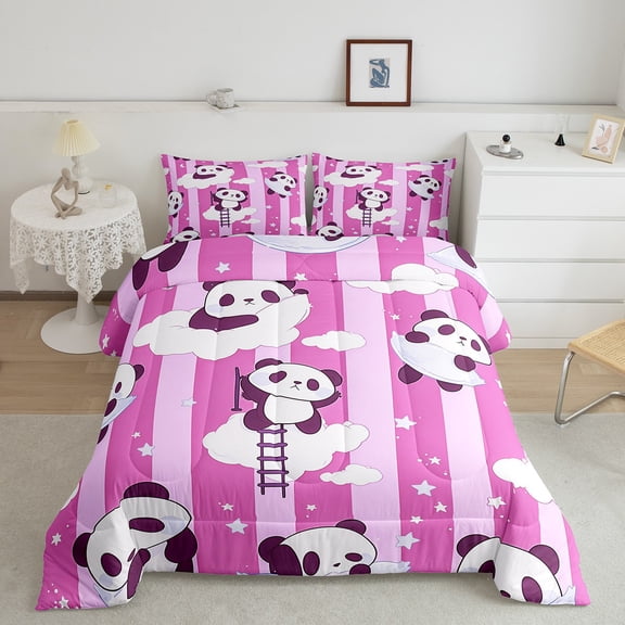 Erosebridal Purple Panda Bedding Twin Comforter Set, Pink Geometry Down Comforter, Cartoon Cloud Decor, Microfiber