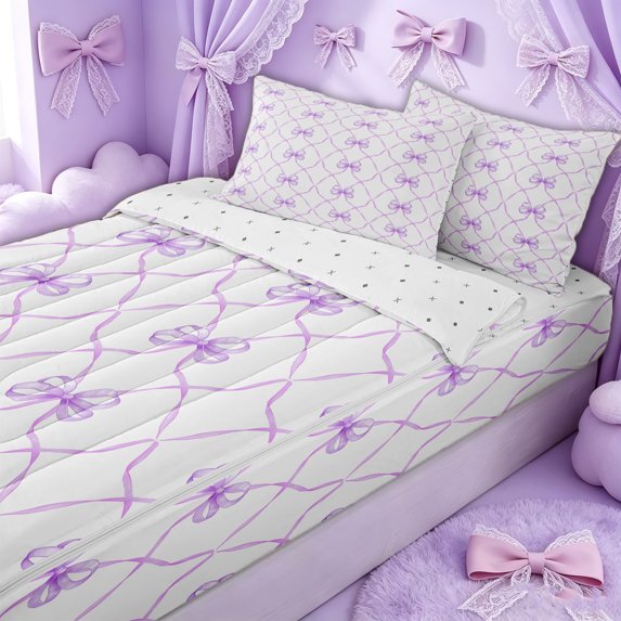 Erosebridal Purple Princess Bow Zipper Twin Comforter Sets with Fitted Sheet and 2 Pillowcases for Women Girls, Lavender Grid Ribbon Zipper Bedding Set, Reversible, 4-Piece