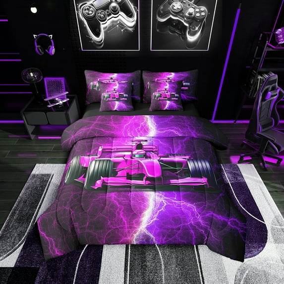 Erosebridal Purple Race Car Bedding Sets Twin Size 7-Piece, Lightning Printed Comforter Sets with Sheets, Reversible