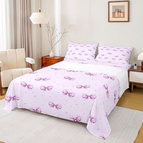 Erosebridal Purple Ribbon Bed Sheets for Girl, Butterfly Knot King Sheets, 4 Pieces