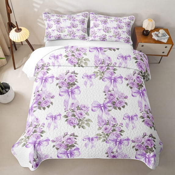 Erosebridal Purple Ribbon Bowknot Twin Quilt Set,Cute Flowers Twin Coverlet Set For Girls,2 Pieces