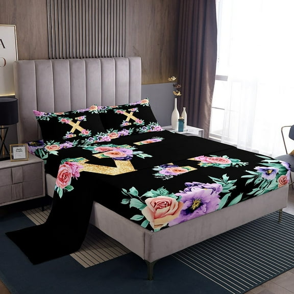 Erosebridal Purple Rose Bed Sheets Set Twin Size, Initial Letter X Bed Sheets Twin, Cartoon Monogrammed Twin Sheet Sets, Lightweight Bedroom Decoration, 3pcs