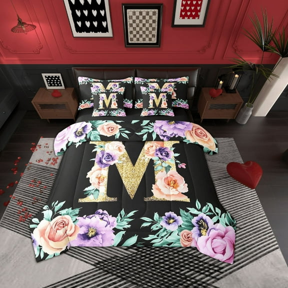 Erosebridal Purple Rose Bedding Sets, Initial Letter M Comforter Sets with Sheets, Cartoon Monogrammed Reversible Bed Sheets Set, Lightweight Bedroom Decoration, 7pcs